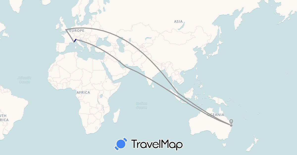 TravelMap itinerary: driving, plane in United Arab Emirates, Australia, United Kingdom, Italy, Monaco, Singapore (Asia, Europe, Oceania)